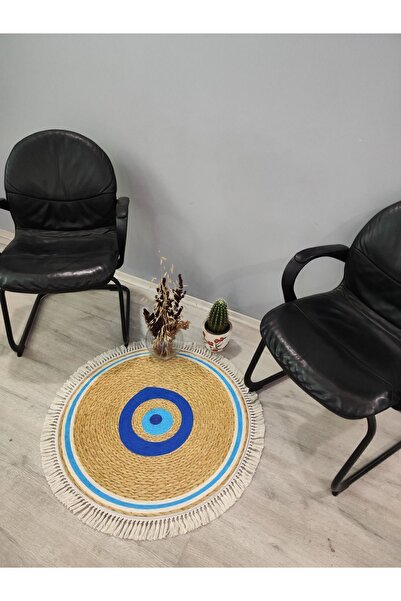 SÜNGERSAN Nazar Boncuğu Desenli Kaymaz Tabanlı Yıkanabilir Hasır Görünümlü Yuvarlak Nazar Boncuklu Halı