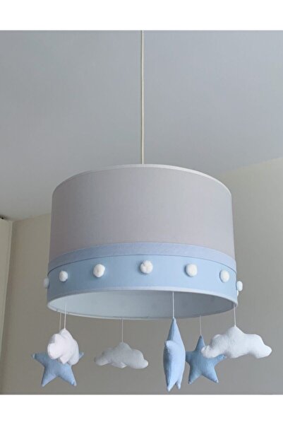 Pudradecor Bebek Çocuk Odası Avize / Ponponlu Mavi Gri Bebek Çocuk Odası Lambası Çap=35 Cm