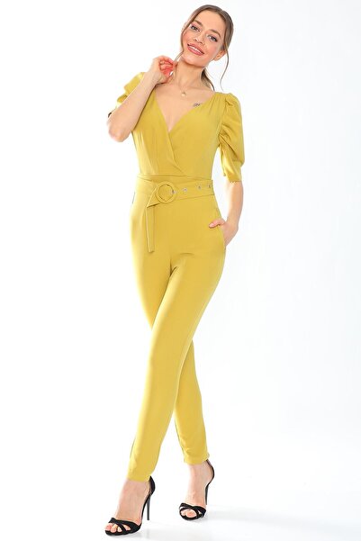 PodiumStar Kruvaze Yaka Balon Kol Fıstık Yeşili Likralı Kemerli Tulum