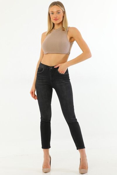 PodiumStar Kadın Siyah Likralı Yüksek Bel Cepleri Parlak Taşlı Payetli Mom Je...