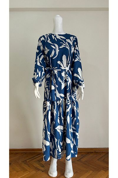 GİZGİYİM Blue and White Patterned Viscose Frilled Hijab Dress Plus Size