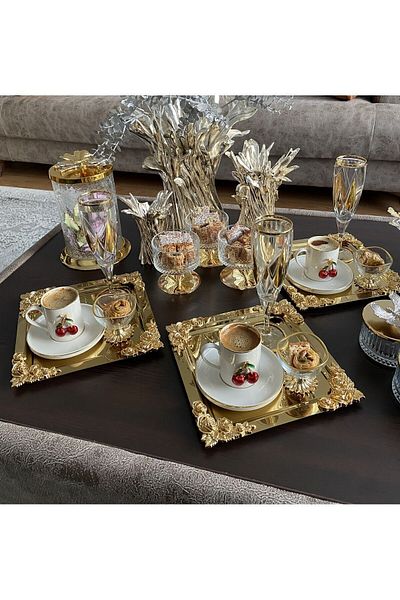atabey home collection صينية صب معدنية مكونة من قطعتين - صينية القهوة والشاي والعرض، موديل جولد روز