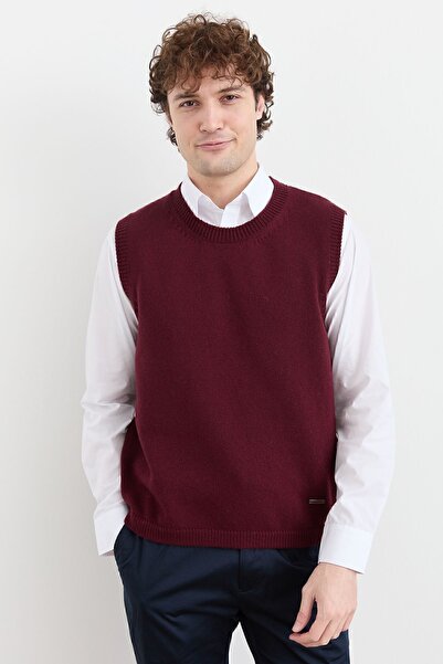 Desen Triko Men's Crew Neck Classic Wool Sweater Claret Red