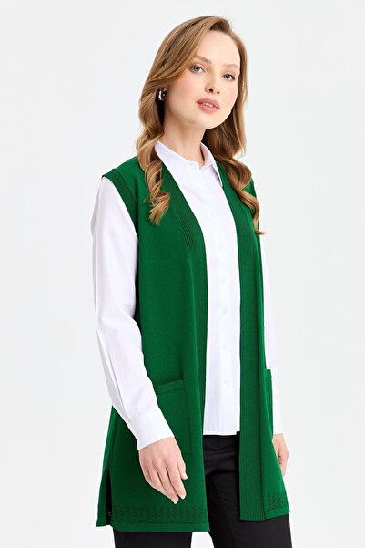 Desen Triko Women's Openwork Thin Knitwear Vest with Back and Skirt Green