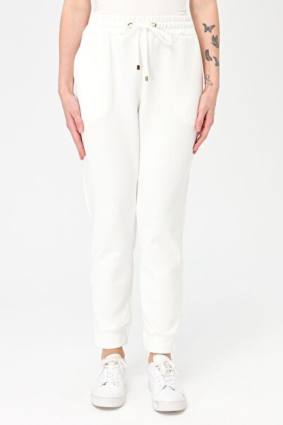 Desen Triko Kadın Paça Arkası Lastikli Cepli Eşofman Pantolon Beyaz