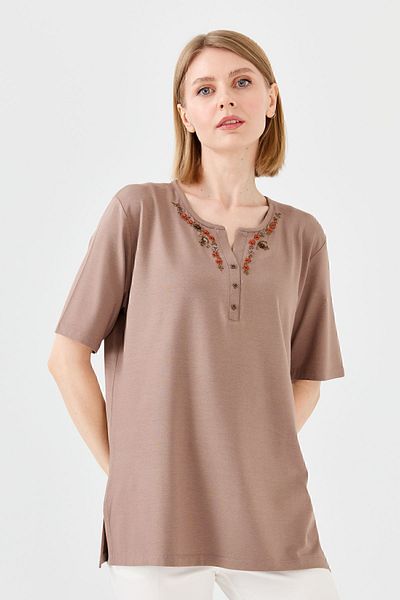 Desen Triko Tricou Damă Bumbac Pieptănat Brodat Guler Mușețel Mink