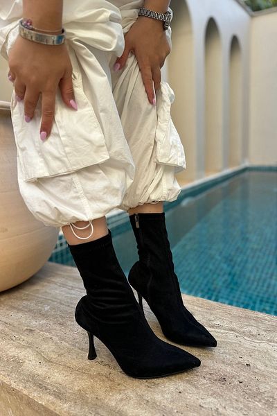 SHOEBELLAS Γυναικείες μπότες με τακούνι Mesia Black Suede Stretch με φερμουάρ
