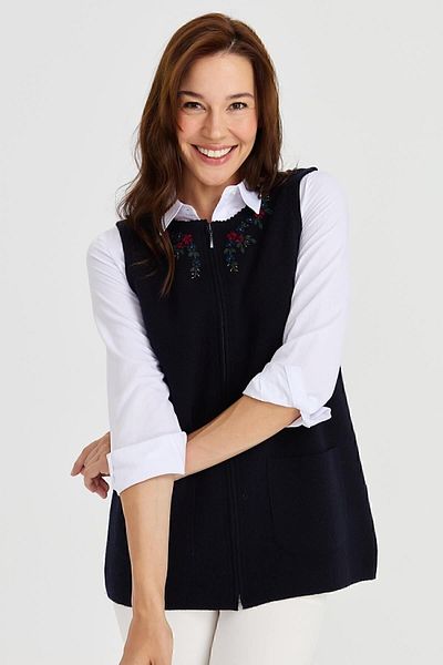 Desen Triko Women's Zero Collar Lace Embroidered Wool Vest Dark Blue