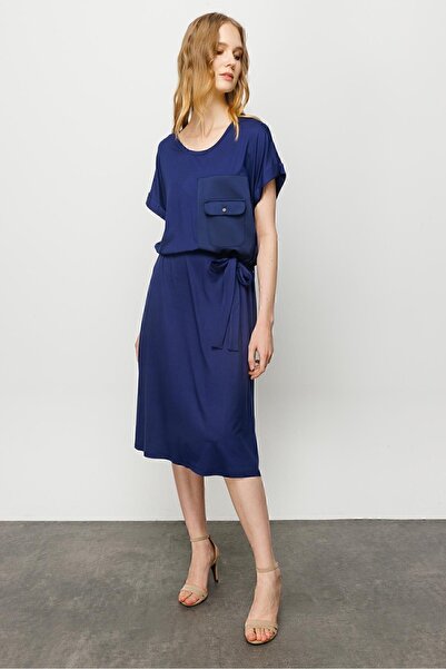 Desen Triko Women's Crew Neck Pocket Satin Dress Navy Blue
