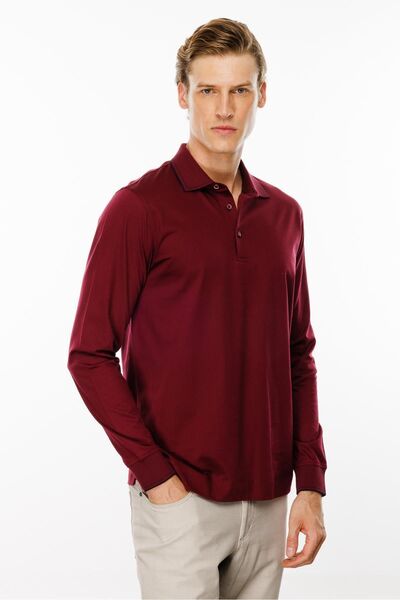 Desen Triko Claret Red Men's Polo Collar Long Sleeve Sweatshirt