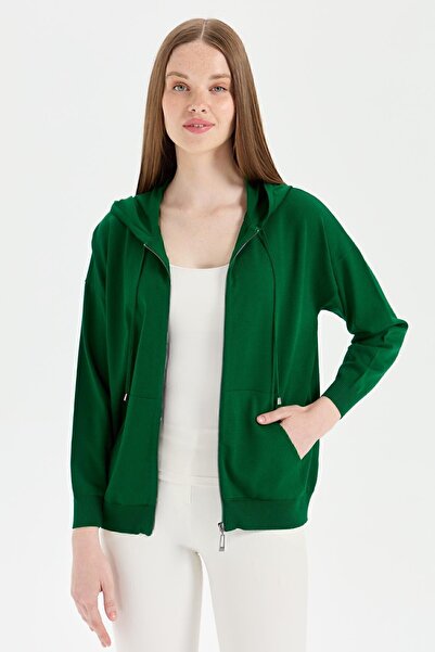 Desen Triko Green Knitwear Hooded Women's Summer Cardigan