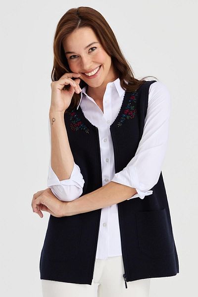 Desen Triko Women's V-Neck Lace Embroidered Wool Vest Dark Blue