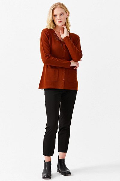 Desen Triko Women's V-Neck Embroidered Buttoned Thin Cardigan A.taba