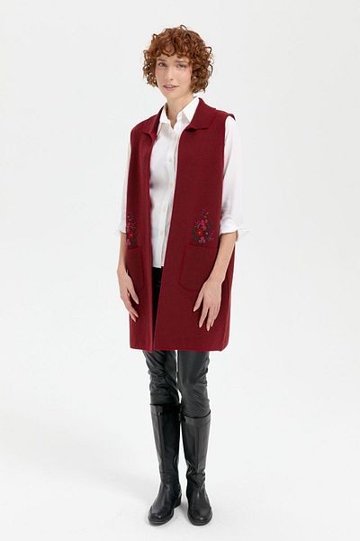 Desen Triko Women's Polo Neck Open Front Embroidered Long Wool Vest V.Red