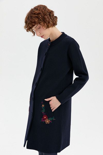 Desen Triko Cardigan lung de lână pentru femei bleumarin - guler vertical și buzunar brodat