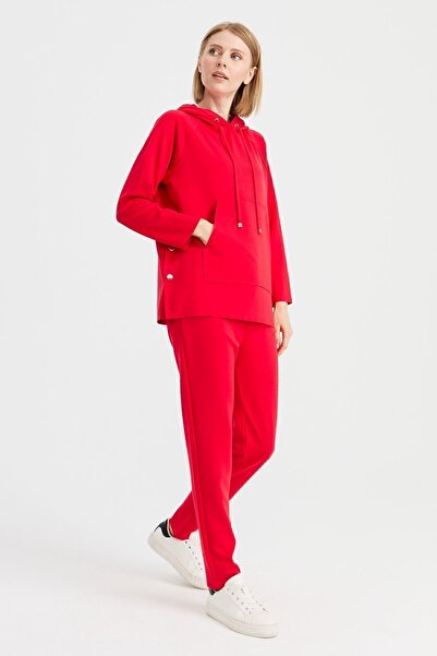 Desen Triko Women's Hooded Sweat with Side Snap Pockets Red