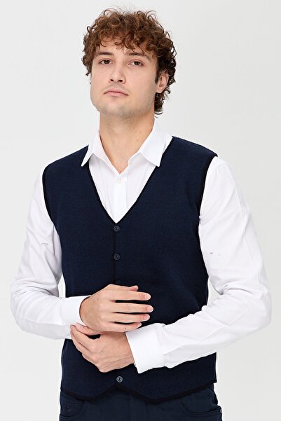 Desen Triko Чоловічий V-подібний двоколірний тонкий трикотажний жилет темно-синій