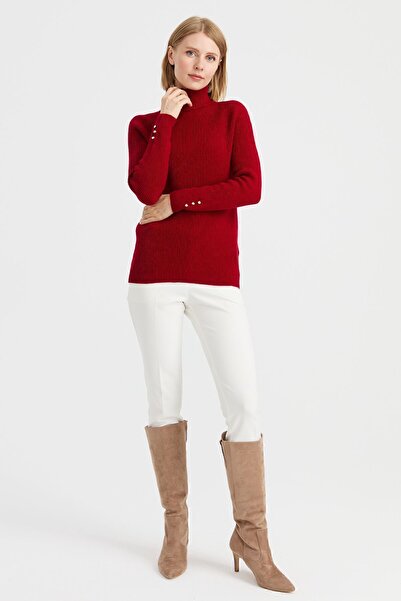 Desen Triko Women's Full Turtleneck Sleeve Buttoned Wool Sweater Red.