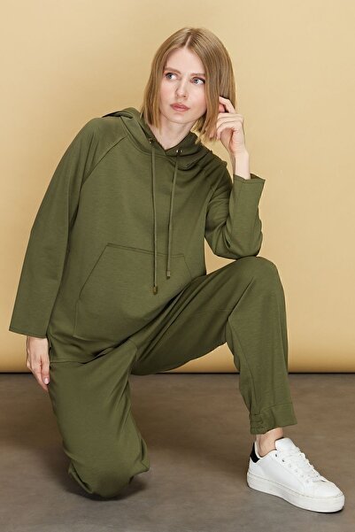 Desen Triko Women's Hooded Sweat with Side Snap Pockets Khaki