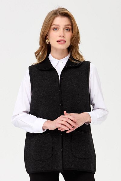 Desen Triko Women's Polo Collar and Pocket Crocheted Wool Vest Black
