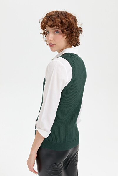 Desen Triko Green V-neck Seamless Women's Sweater