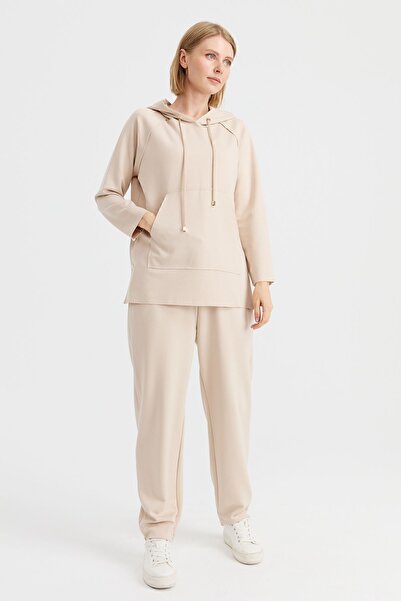 Desen Triko Жіночий светр з капюшоном, застібкою на кнопках і кишенями, бежевий