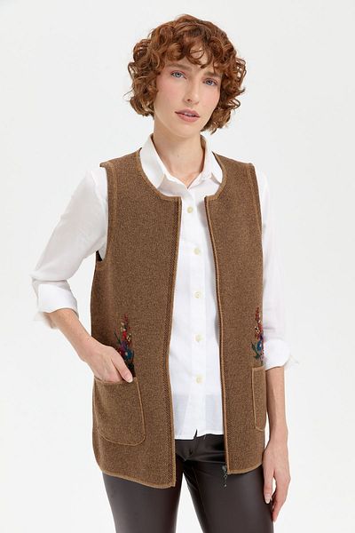 Desen Triko V.camel Women's Wool Vest - Null Collar and Embroidered Pocket Top