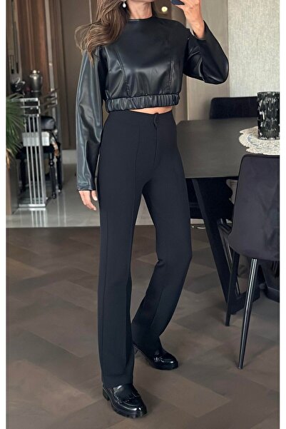 sea milano Kadın Siyah Çımalı Pantolon Yüksek Bel Likralı Esnek Beli Lastikli