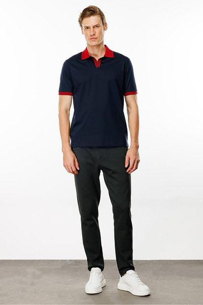 Desen Triko Ανδρικό μπλουζάκι Navy Blue - Polo γιακά, ριγέ μανίκια και πέτο
