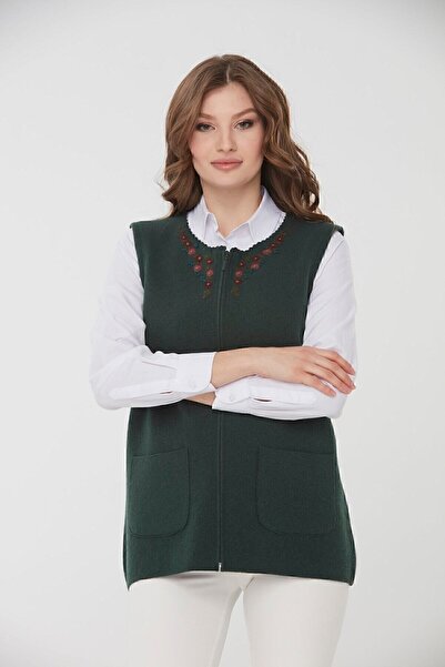 Desen Triko Women's Crew Neck Daisy Embroidered Wool Vest Green