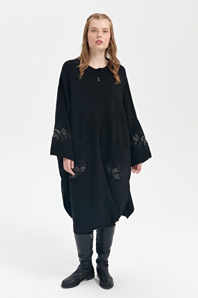 Desen Triko Black Embroidered Women's Poncho - Stand Collar and Embroidered Sleeve
