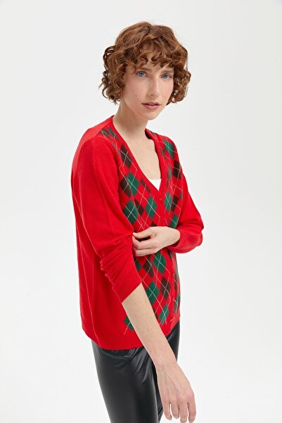 Desen Triko Coral Colored Women's Cardigan - V-neck and Front Baklaval