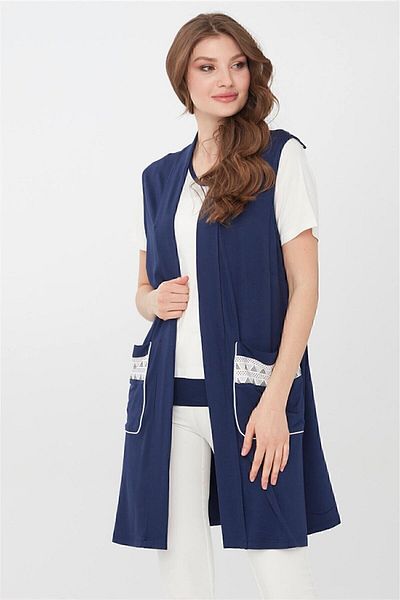 Desen Triko Women's Long Combed Cotton Vest Navy Blue
