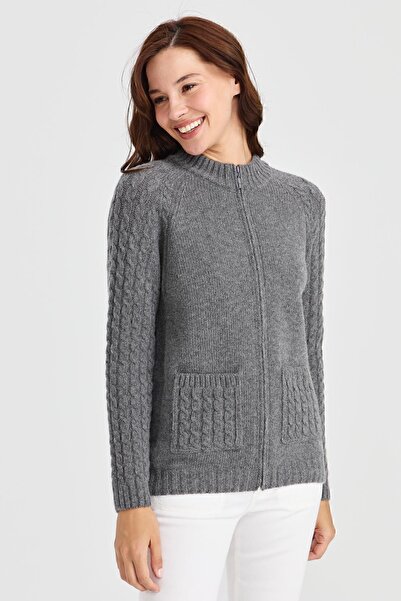 Desen Triko Women's High Collar Pocket and Sleeve Hair Knitted Wool Cardigan Smoked