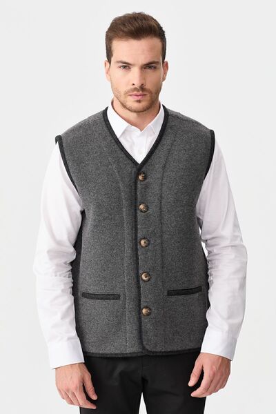 Desen Triko Men's V-neck Pique Woven Wool Vest with Felt Accessories, Smoked