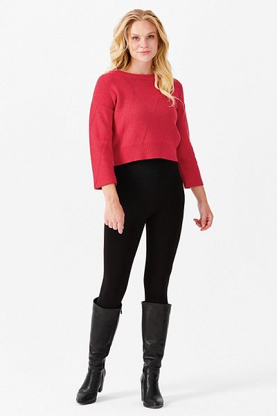 Desen Triko Women's Crew Neck Front Diamond Patterned Ruched Short Sweater Red
