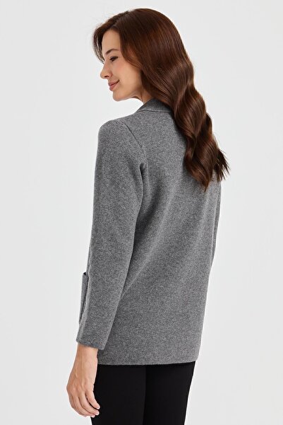 Desen Triko Women's Polo Neck Lace Embroidered Wool Cardigan Smoked