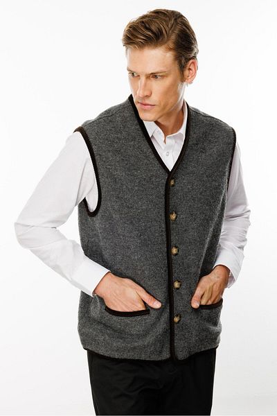 Desen Triko Smoke Colored Men's Wool Vest - V-Neck and Patterned Lining