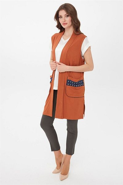 Desen Triko Women's Long Combed Cotton Vest Brown