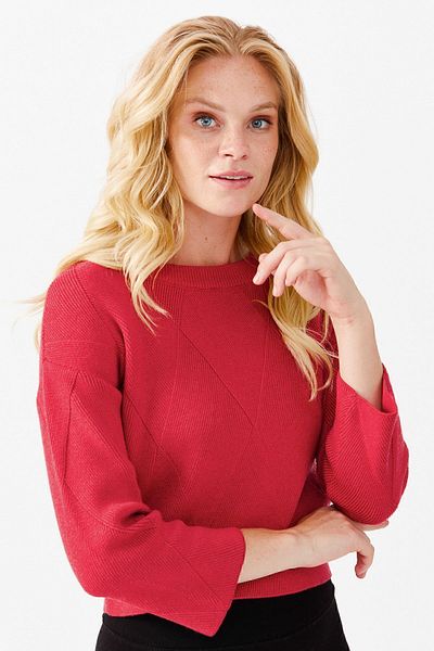 Desen Triko Women's Crew Neck Front Diamond Patterned Ruched Short Sweater Red