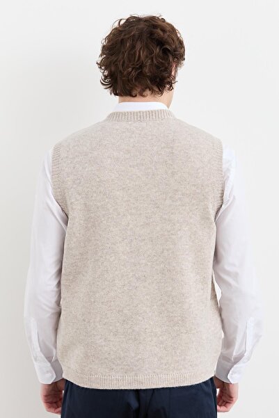 Desen Triko Men's V-Neck Thick Classic Wool Sweater V. Beige