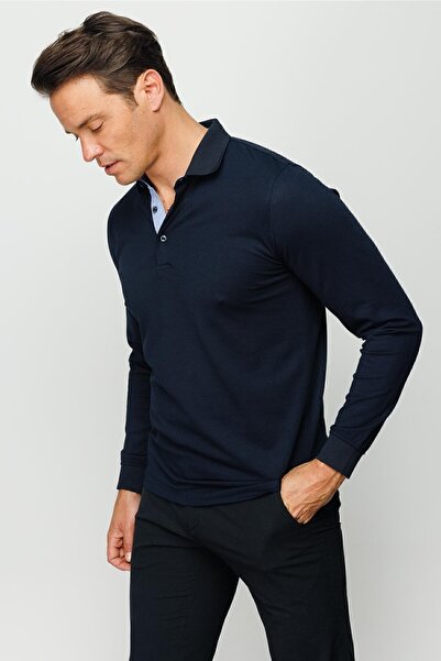 Desen Triko Ανδρικό μακρυμάνικο φούτερ με γιακά πόλο Navy Blue