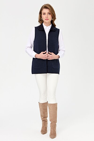 Desen Triko Women's Polo Collar and Pocket Crocheted Wool Vest Dark Blue