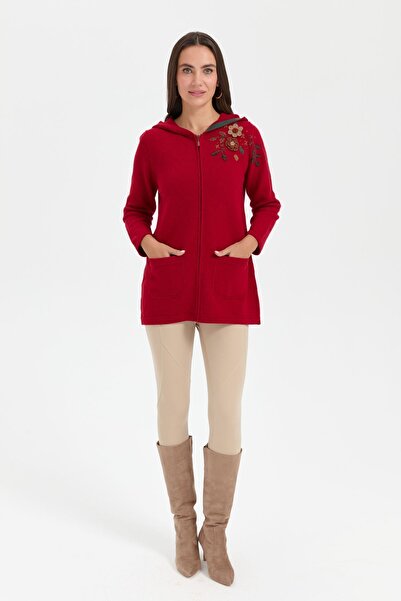 Desen Triko Κόκκινη κουκούλα με κέντημα ώμου μάλλινη ζακέτα - Araboy