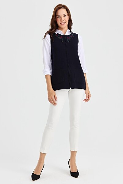 Desen Triko Women's Zero Collar Lace Embroidered Wool Vest Dark Blue