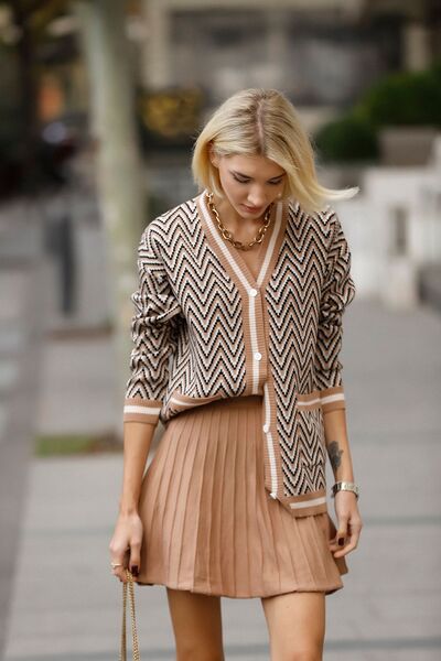 Threeco Zigzag Patterned Cardigan and Skirt Set