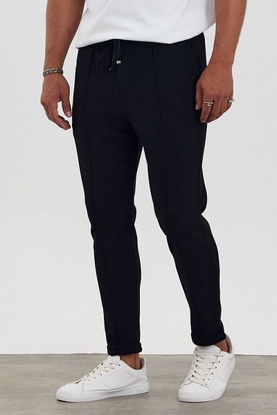 MADZEYMODA Ανδρικό μαύρο παντελόνι BoyFriend New Season - Λεπτομέρεια γρασίδι, διπλό πόδι Mz22022