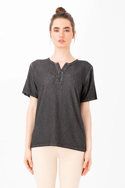 Desen Triko Women's Turn-down Collar Short Sleeve Jacquard Fabric Blouse Black