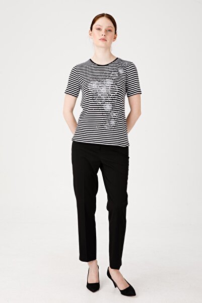 Desen Triko Women's Crew Neck Short Sleeve Floral Printed Striped Combed Cotton Blouse Black