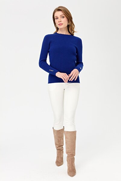 Desen Triko Pulover de lână, cu nasturi, cu gât crew, KSBlue